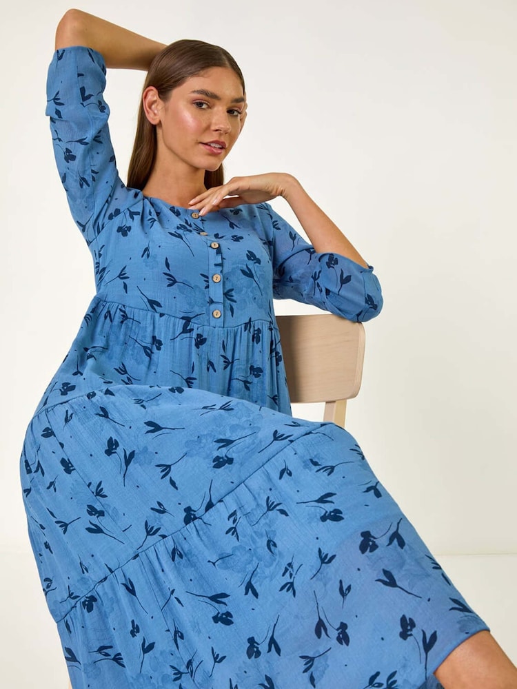 Roman Blue Floral Print Button Midi Dress - Image 1 of 5