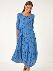 Roman Blue Floral Print Button Midi Dress - Image 2 of 5