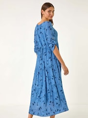 Roman Blue Floral Print Button Midi Dress - Image 3 of 5