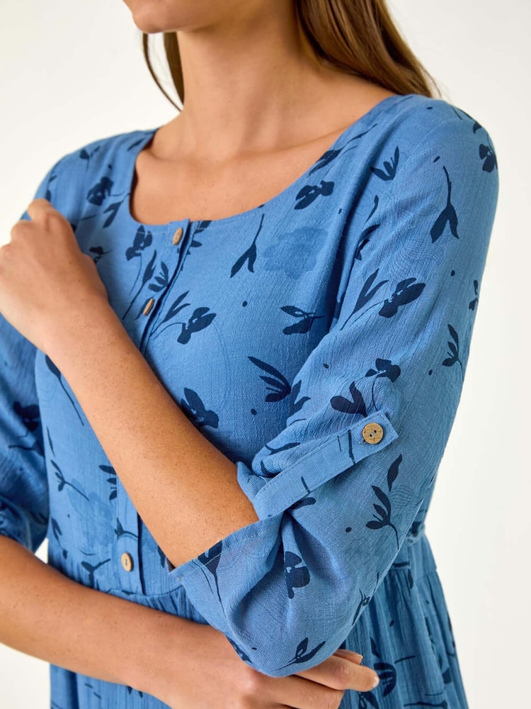 Roman Blue Floral Print Button Midi Dress - Image 5 of 5 Roman Blue Floral Print Button Midi Dress - Image 5 of 5