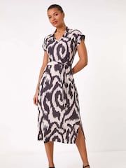Roman White Abstract Print Belted Stretch Midi Dress - Image 2 of 5