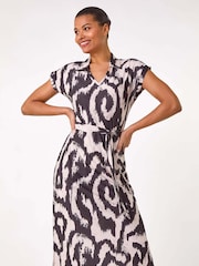 Roman White Abstract Print Belted Stretch Midi Dress - Image 4 of 5