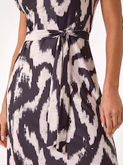 Roman White Abstract Print Belted Stretch Midi Dress - Image 5 of 5