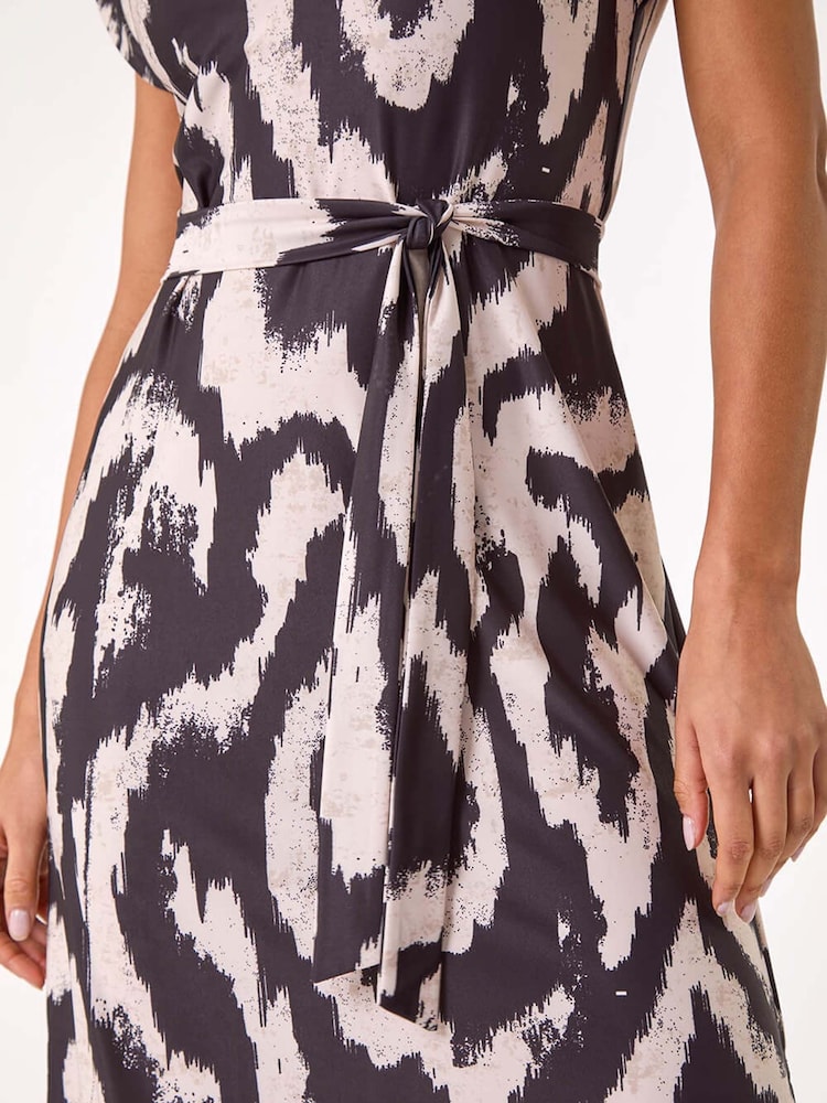 Roman White Abstract Print Belted Stretch Midi Dress - Image 5 of 5