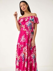 Roman Pink Floral Bardot Belted Maxi Dress - Image 1 of 5
