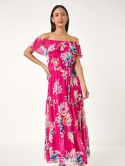 Roman Pink Floral Bardot Belted Maxi Dress - Image 2 of 5