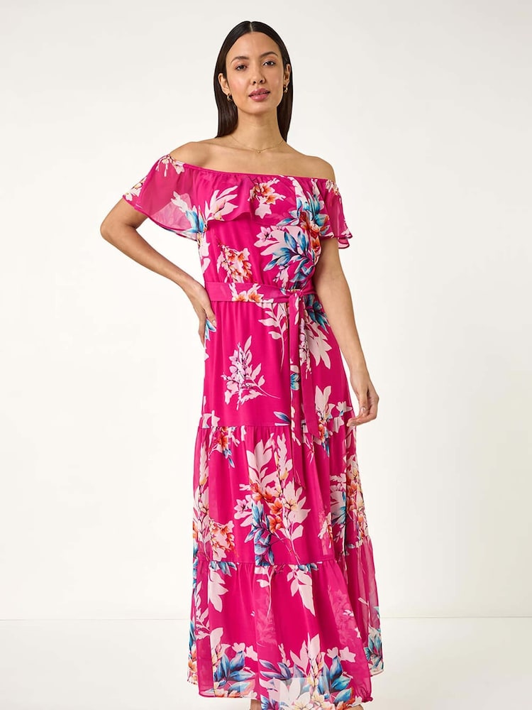 Roman Pink Floral Bardot Belted Maxi Dress - Image 2 of 5