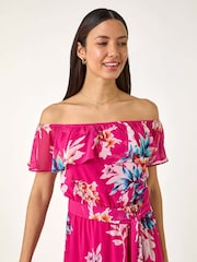 Roman Pink Floral Bardot Belted Maxi Dress - Image 4 of 5