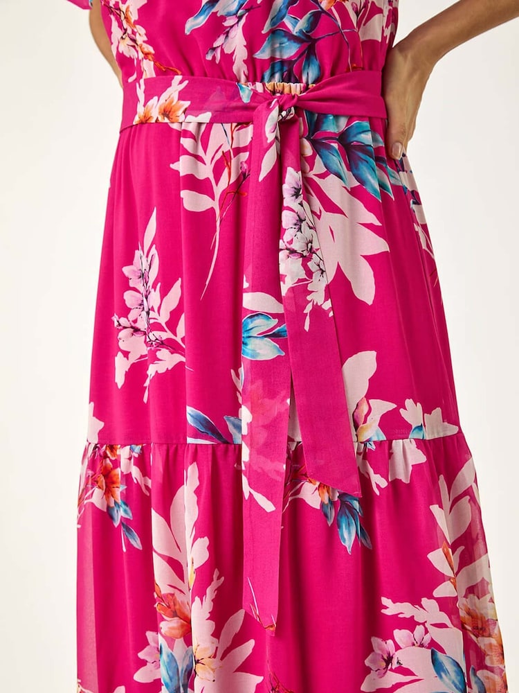 Roman Pink Floral Bardot Belted Maxi Dress - Image 5 of 5