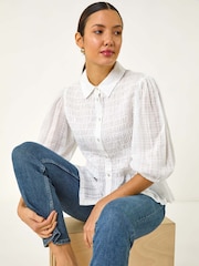 Roman White Collar Shirred Button Blouse - Image 1 of 5