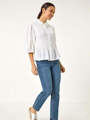 Roman White Collar Shirred Button Blouse - Image 2 of 5