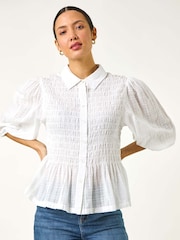 Roman White Collar Shirred Button Blouse - Image 4 of 5