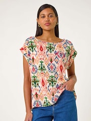 Roman Orange Abstract Print Cuff Sleeve Top - Image 1 of 5
