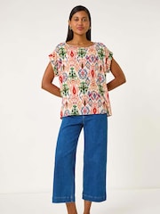 Roman Orange Abstract Print Cuff Sleeve Top - Image 2 of 5