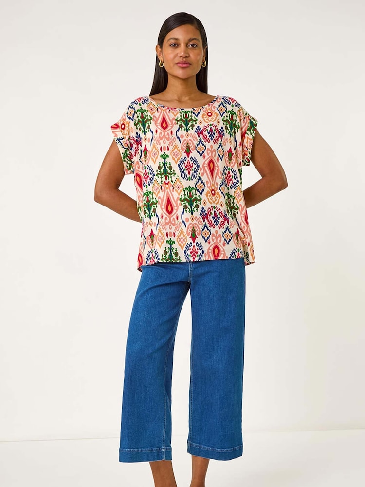 Roman Orange Abstract Print Cuff Sleeve Top - Image 2 of 5 Roman Orange Abstract Print Cuff Sleeve Top - Image 2 of 5