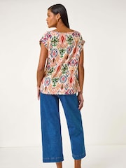 Roman Orange Abstract Print Cuff Sleeve Top - Image 3 of 5