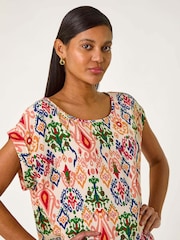 Roman Orange Abstract Print Cuff Sleeve Top - Image 4 of 5
