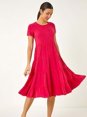 Roman Pink Frill Tiered Smock Midi Dress - Image 1 of 5