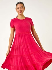 Roman Pink Frill Tiered Smock Midi Dress - Image 2 of 5