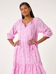 Roman Pink Broderie Tiered Smock 100% Cotton Dress - Image 1 of 5