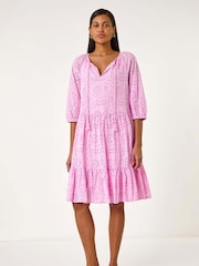 Roman Pink Broderie Tiered Smock 100% Cotton Dress - Image 2 of 5
