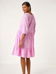 Roman Pink Broderie Tiered Smock 100% Cotton Dress - Image 3 of 5