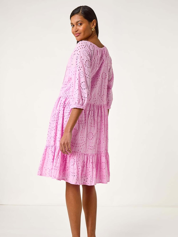 Roman Pink Broderie Tiered Smock 100% Cotton Dress - Image 3 of 5