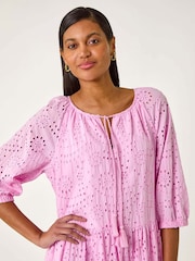 Roman Pink Broderie Tiered Smock 100% Cotton Dress - Image 4 of 5