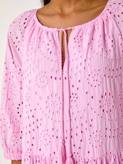 Roman Pink Broderie Tiered Smock 100% Cotton Dress - Image 5 of 5