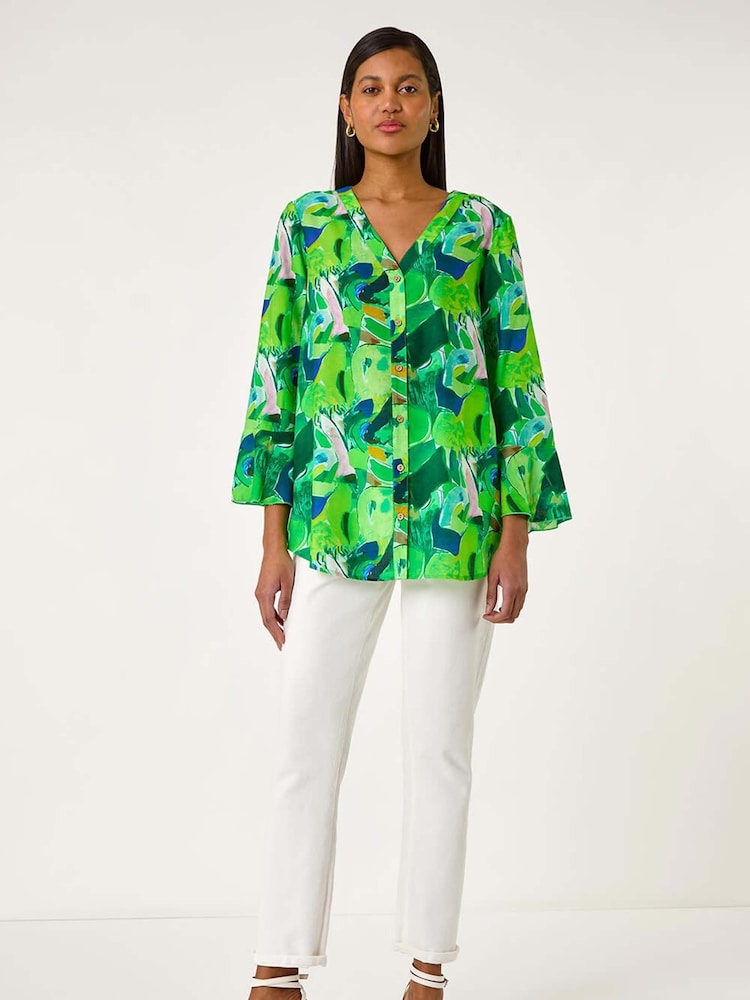 Roman Green Abstract Print Flared Blouse - Image 2 of 5
