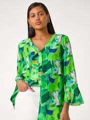 Roman Green Abstract Print Flared Blouse - Image 4 of 5