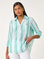 Roman Stripe Collar V-Neck 100% Cotton Shirt - Imagen 1 de 5