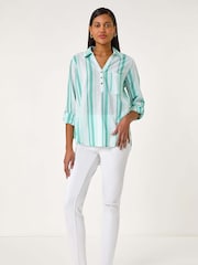 Roman Stripe Collar V-Neck 100% Cotton Shirt - Imagen 2 de 5