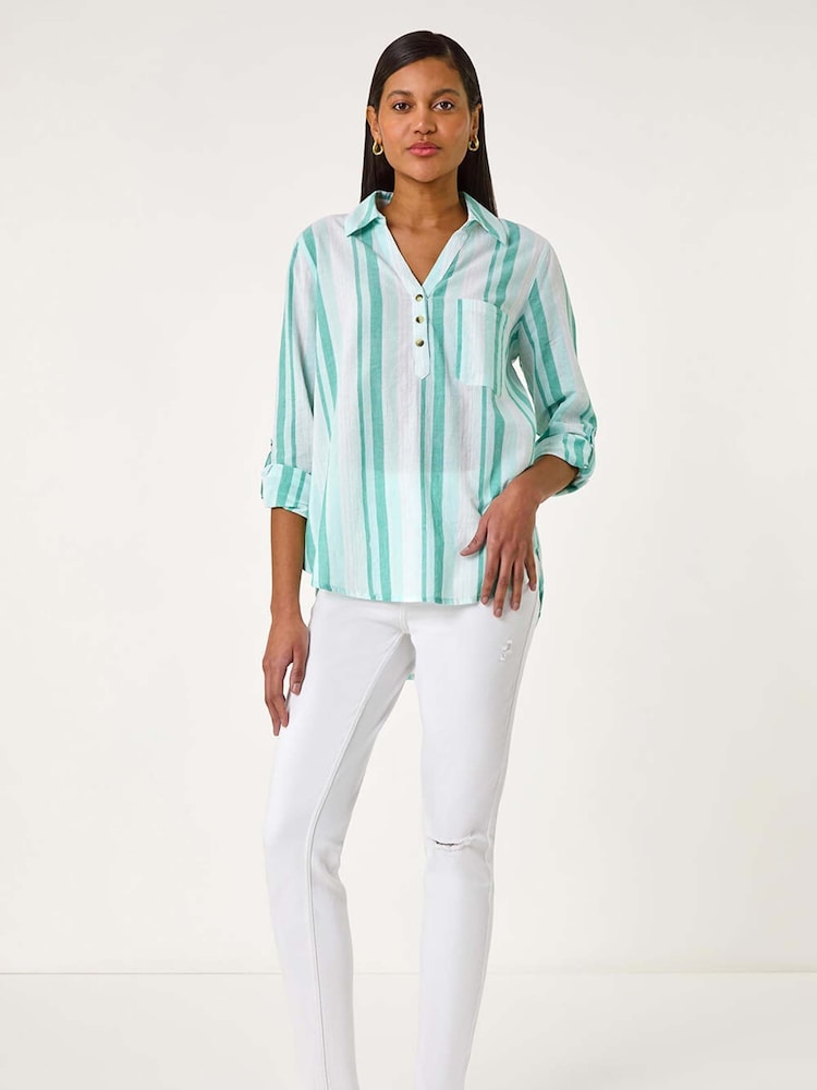 Roman Stripe Collar V-Neck 100% Cotton Shirt - Imagen 2 de 5