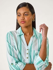 Roman Stripe Collar V-Neck 100% Cotton Shirt - Imagen 4 de 5
