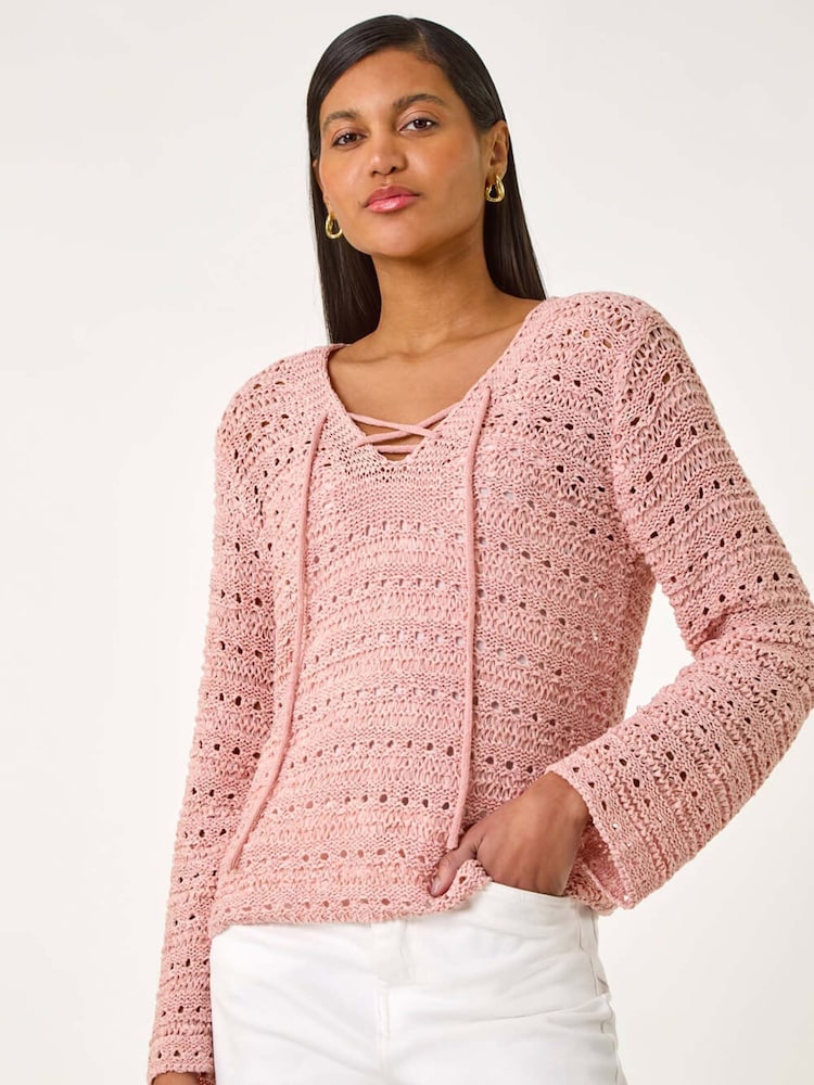 Roman Pink Stitch Detail V-Neck Knit Jumper - Image 2 of 5