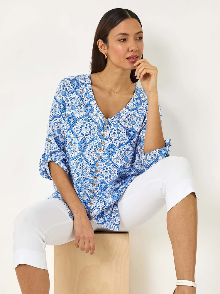 Roman Blue Floral Printed Button Detail Top - Image 1 of 5