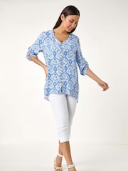 Roman Blue Floral Printed Button Detail Top - Image 2 of 5