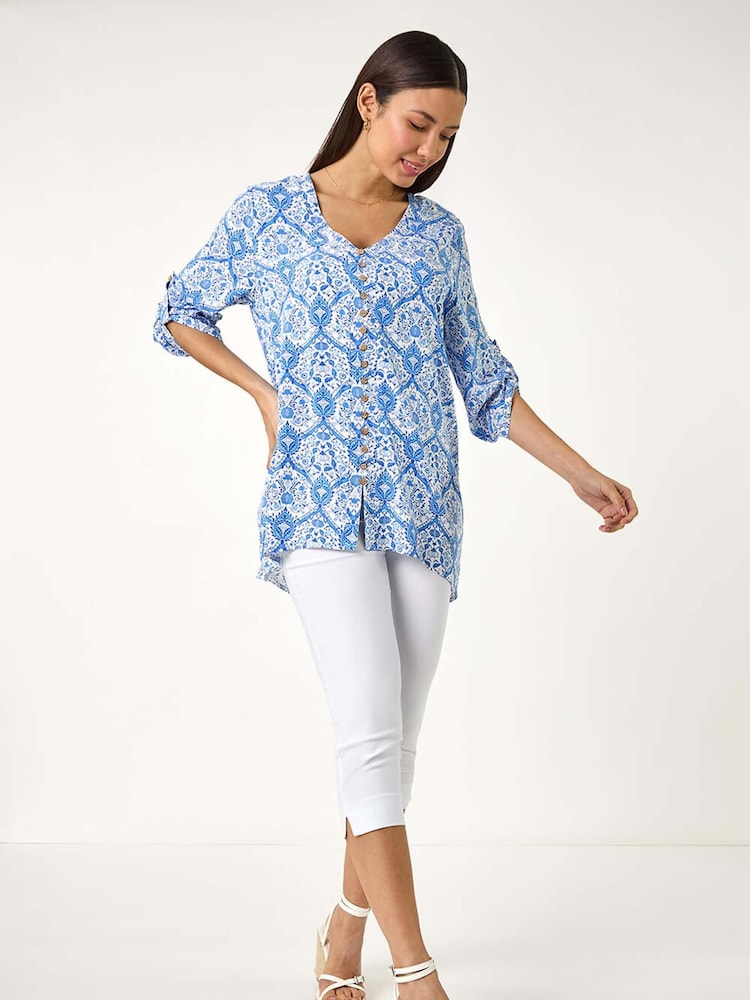 Roman Blue Floral Printed Button Detail Top - Image 2 of 5