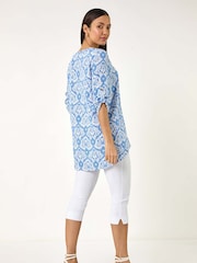 Roman Blue Floral Printed Button Detail Top - Image 3 of 5