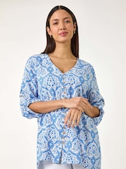 Roman Blue Floral Printed Button Detail Top - Image 4 of 5