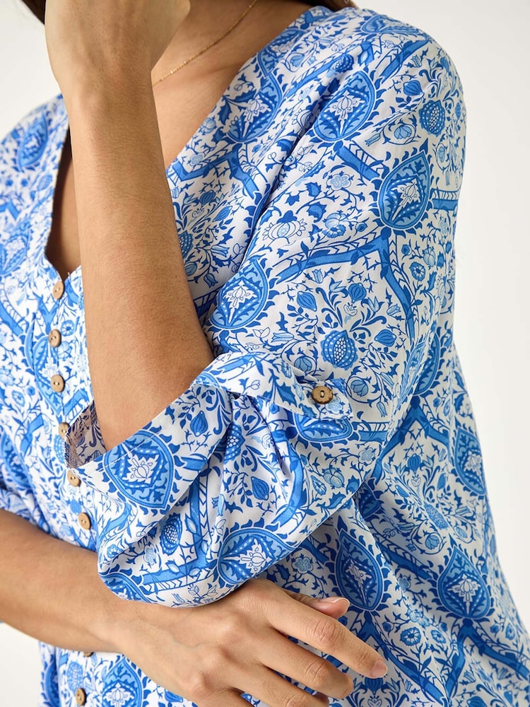 Roman Blue Floral Printed Button Detail Top - Image 5 of 5