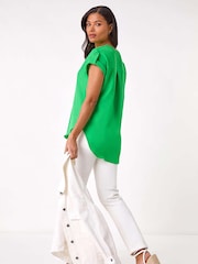 Roman Green Pleated Notch Neck Top - Image 3 of 5
