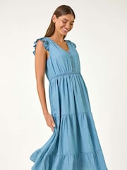 Roman Blue Tiered Frill Sleeve Midi Dress - Image 4 of 5
