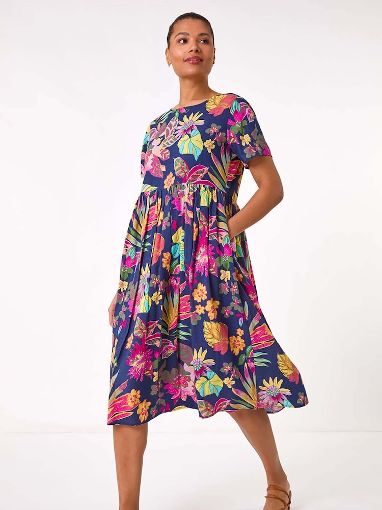 Roman Blue Floral Print Smock Midi Dress - Image 2 of 5