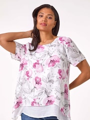 Roman Pink Floral Print Layered Tunic Top - Image 1 of 5