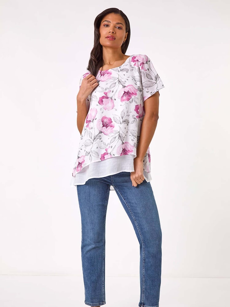Roman Pink Floral Print Layered Tunic Top - Image 2 of 5