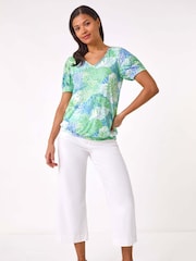 Roman Green Leaf Print V-Neck Burnout Blouse - Image 2 of 5