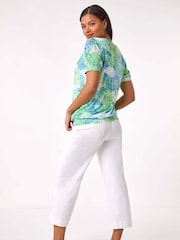 Roman Green Leaf Print V-Neck Burnout Blouse - Image 3 of 5