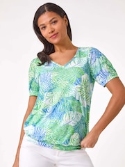 Roman Green Leaf Print V-Neck Burnout Blouse - Image 4 of 5